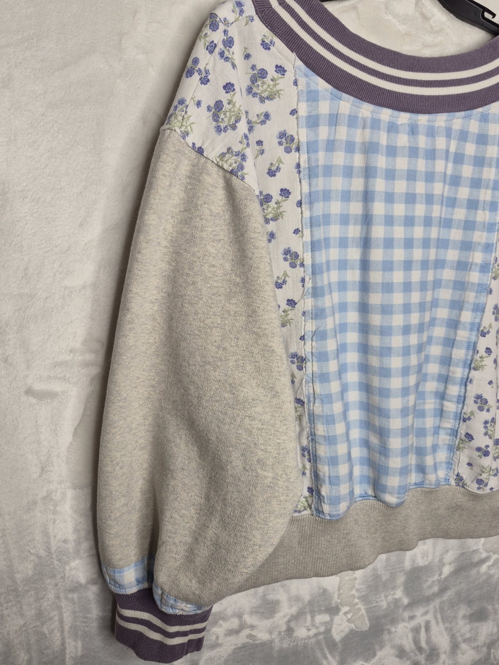 Free People Lucy Patchwork Gingham Floral Varsity V-Neck Sweatshirt Medium - Picture 12 of 15